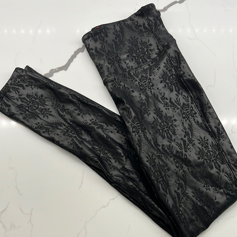 Spanx Black Brocade Faux Leather Full Length Leggings